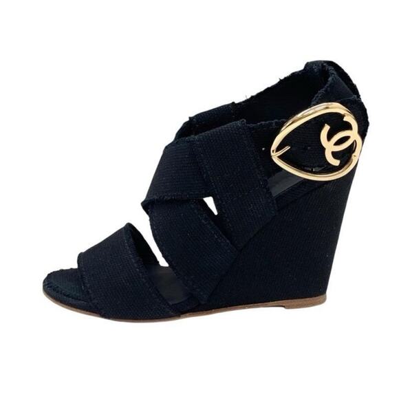 CHANEL Authentic Sandals Canvas Black Gold Color Coco Wedges Size 40 EU or 10 US - Picture 1 of 8